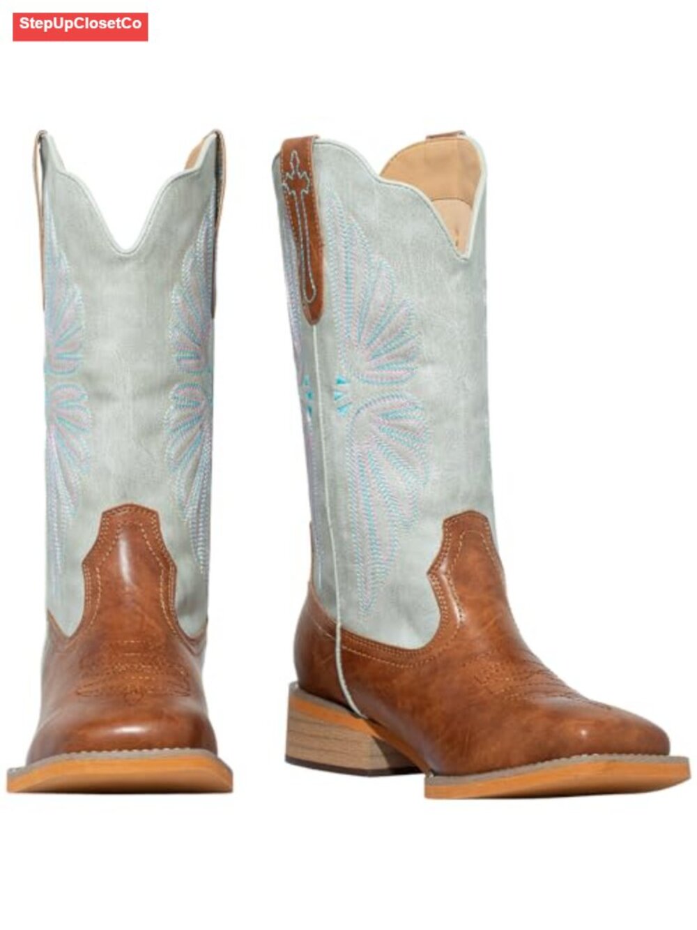 Faux Leather Square Toe Cowgirl Boots Mid Calf Embroidered Pull-On - Picture 5 of 6